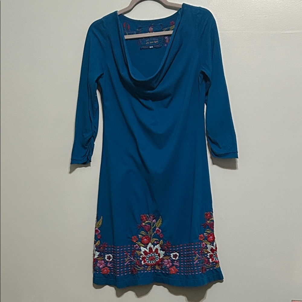 Teal Floral-Embroidered Drape Neck 3/4 Sleeve Johnny Was of Los Angeles small
